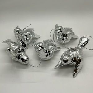 Set of 5 Glass Silver Flying Birds Christmas Ornaments